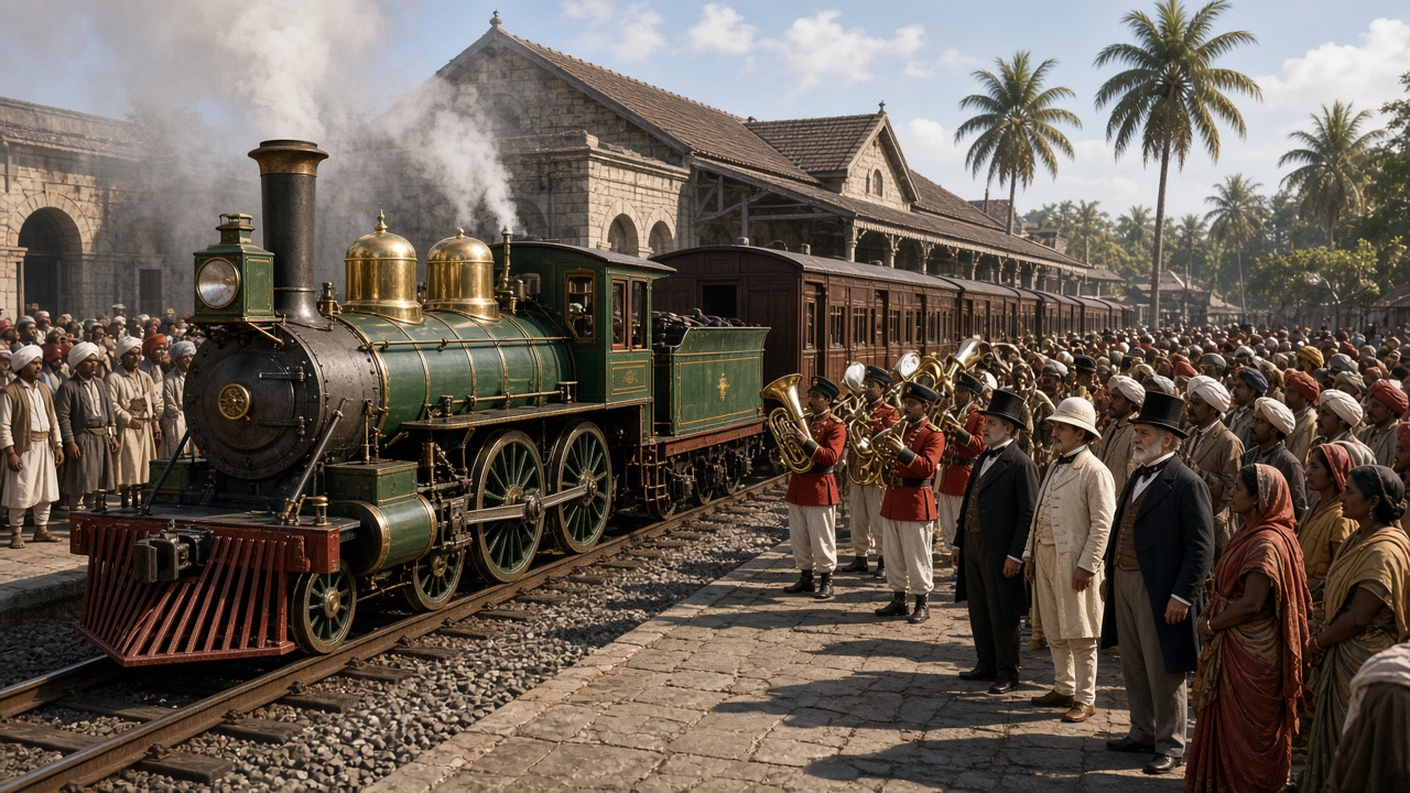 Green and brass steam locomotive with a tall chimney at a stone railway station under palm trees, watched by large crowds of Indian men in turbans and women in saris, with a brass band in red jackets and British officials in top hats on the platform as steam rises