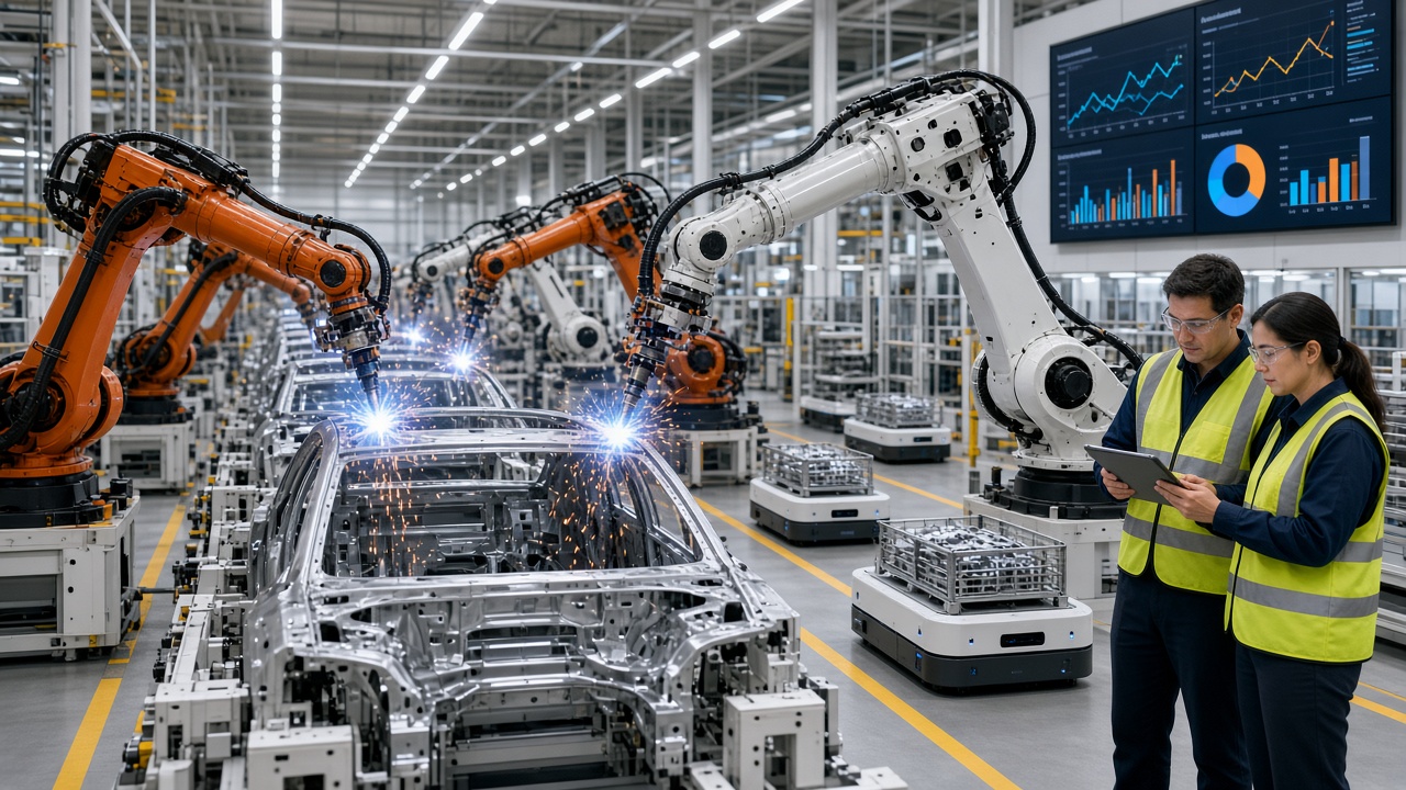 Rows of orange and white robotic arms welding car body frames with bright sparks on an automated production line, self-driving carts carrying parts, wall screens with charts, and two engineers in safety glasses and yellow vests looking at a tablet