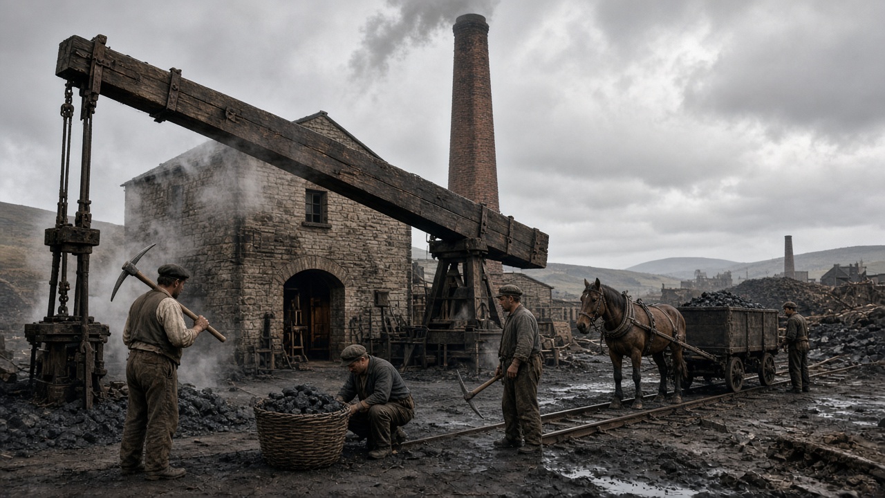 Stone engine house with a tall brick chimney at an 18th-century coal mine, with a huge wooden rocking beam of a steam pumping engine, steam drifting, miners in rough clothes with pickaxes and a basket of coal, and a horse pulling a coal wagon along simple rails under a cloudy sky