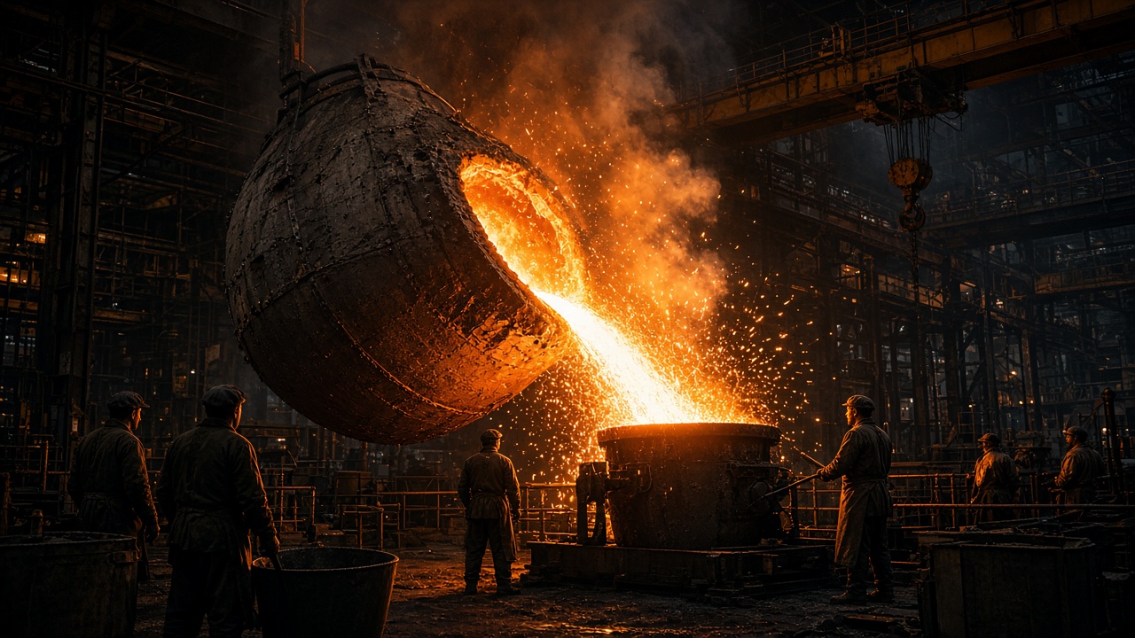 Huge tilting steel vessel pouring a glowing stream of molten metal into a ladle in a vast dark steelworks, showering orange sparks and smoke, with steelworkers in caps and long coats silhouetted against the glow beneath iron gantries and an overhead crane