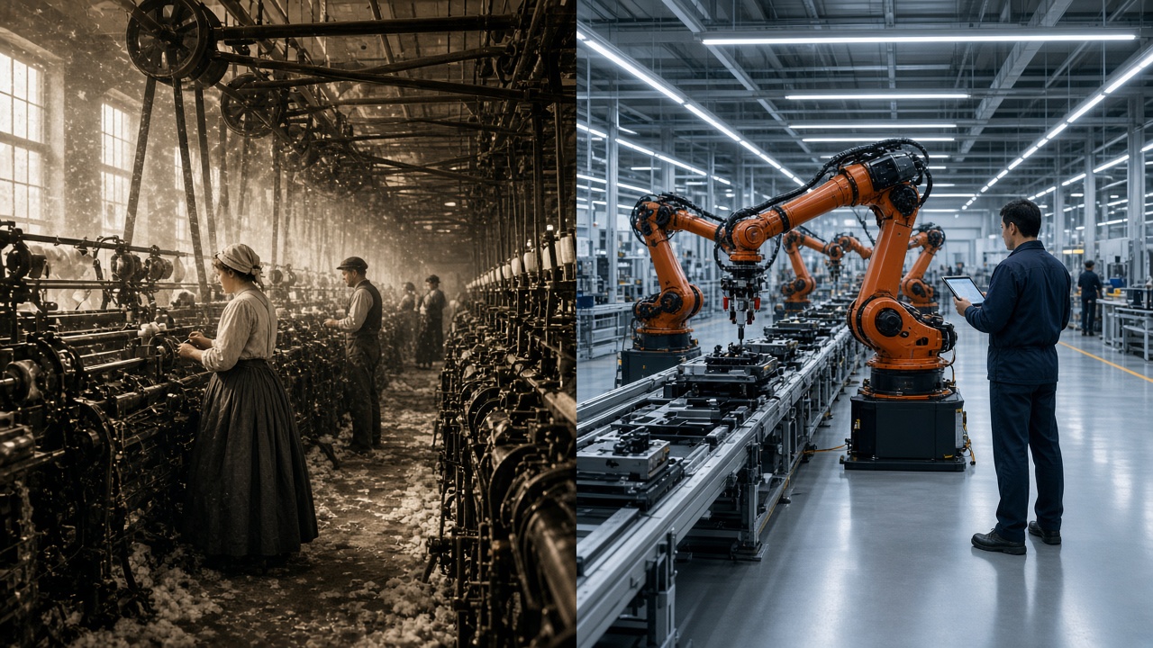 Split image with a dusty 1850s cotton mill on the left, where a woman in a long skirt and headscarf tends belt-driven spinning machines under overhead shafts with cotton fluff on the floor, and a bright modern factory on the right with orange robotic arms over a conveyor line and a technician holding a tablet