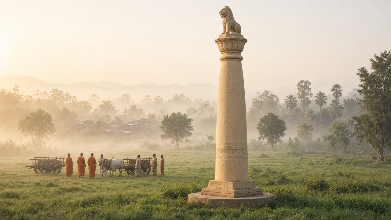 Tall polished cream sandstone pillar topped by a bell-shaped capital and a single seated stone lion, standing in a misty green field beside a village, with Buddhist monks in saffron robes and villagers with bullock carts nearby