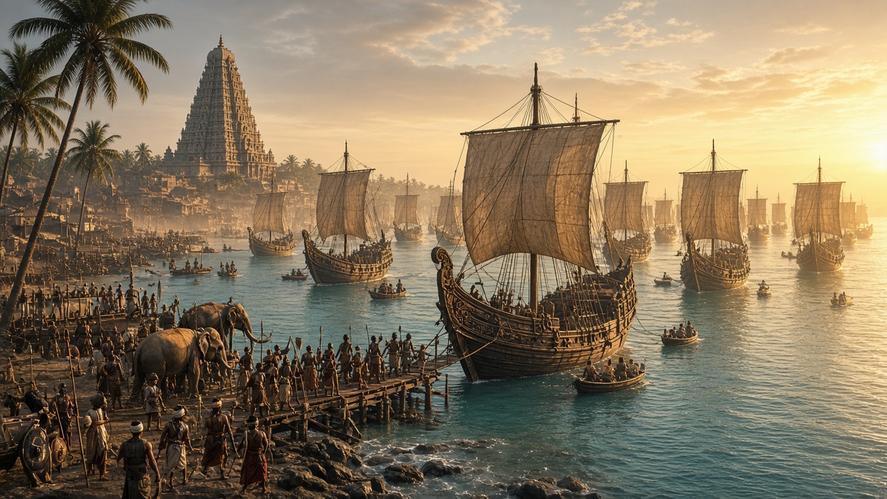Fleet of large wooden sailing ships with square sails setting out from a palm-fringed harbour at sunrise, while soldiers with spears and round shields board from a wooden jetty, elephants and crowds stand on the shore, and a tall carved temple tower rises in the distance