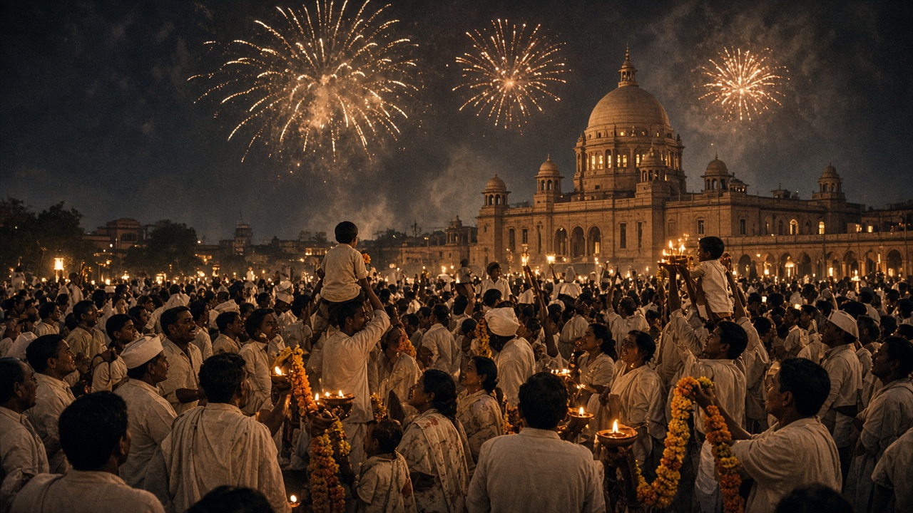 Huge joyful crowd in white cotton clothes, saris, and caps at night holding oil lamps and marigold garlands, with children on shoulders, as fireworks burst above a grand domed white building