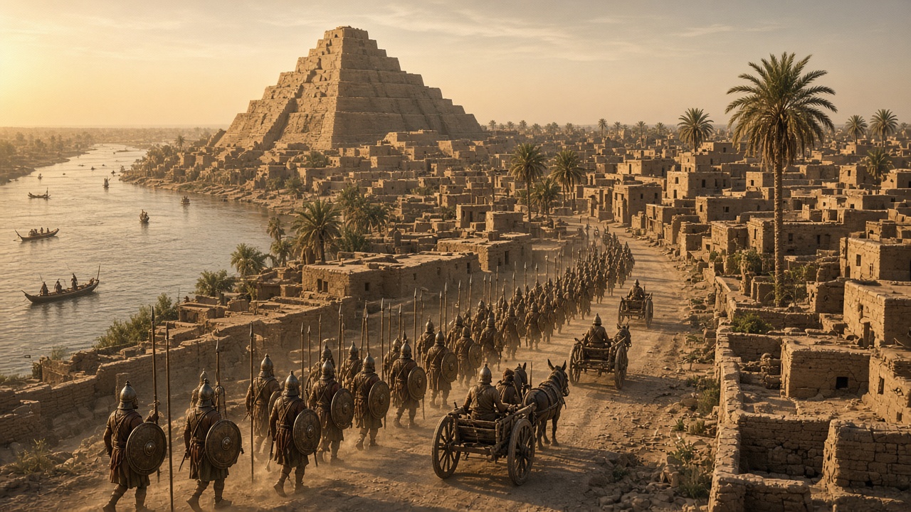 Ancient river city at golden hour with a massive stepped mud-brick temple tower rising above flat-roofed mud-brick houses and palm trees, as a long column of soldiers with spears and round shields marches along a dusty road with animal-drawn carts and reed boats float on the river