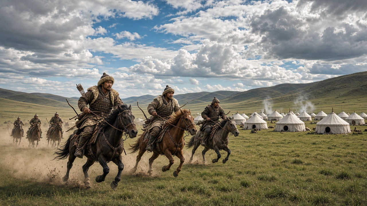 Mounted archers in fur-trimmed coats and armour galloping on small sturdy horses across a green steppe, raising dust, with bows and quivers of arrows, and a camp of round white felt tents with rising smoke under a big cloudy sky