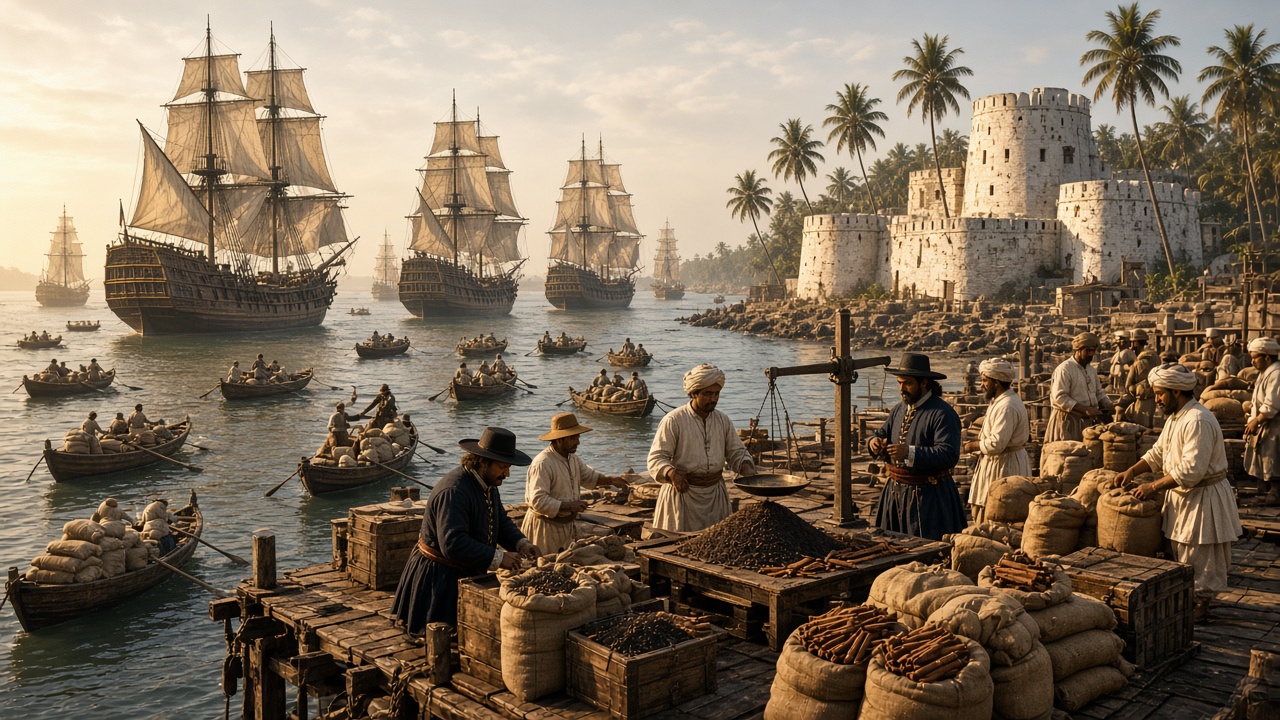Busy tropical harbour with tall wooden sailing ships anchored offshore, rowing boats ferrying sacks, and Indian and European merchants weighing pepper and cinnamon on a wooden jetty piled with sacks and chests, beside a whitewashed stone fort and coconut palms