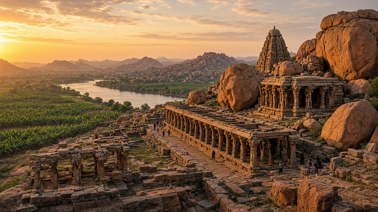 Ruins of a great stone city at sunset, with carved granite temples, a long pillared market street, and broken pavilions among enormous rounded orange boulders, with banana plantations and a river in the distance and a few visitors walking among the ruins