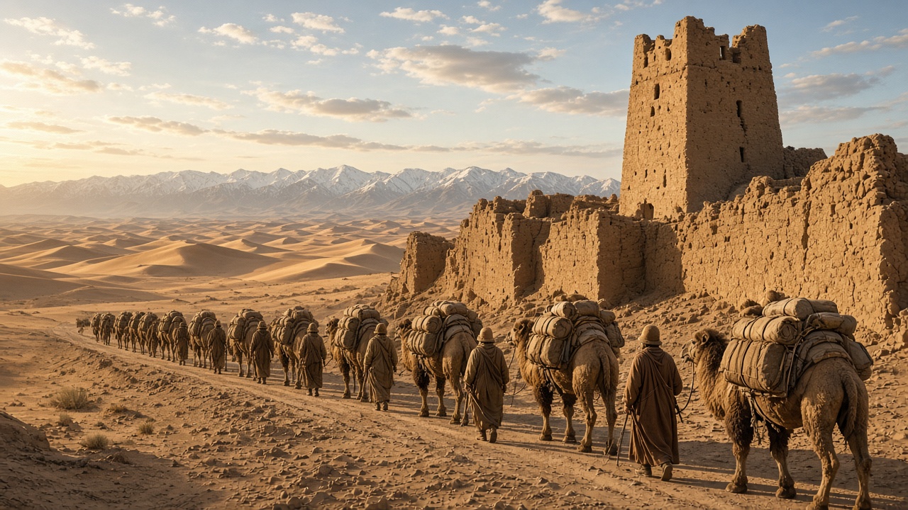 Long camel caravan led by merchants in robes and felt hats crossing a desert road beside ruined earthen walls and a tall square watchtower, with golden dunes and snow-capped mountains in the distance under a late-afternoon sky