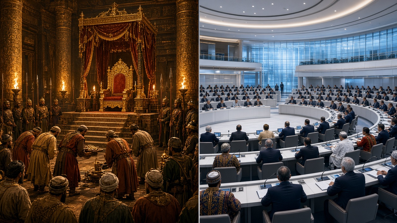 Split image with a torch-lit ancient throne hall on the left, where guards with spears stand beside a gilded canopied throne as envoys bow and offer gifts, and a bright modern international assembly hall on the right, where delegates in suits and traditional dress from many nations sit at curved rows of desks with microphones and laptops