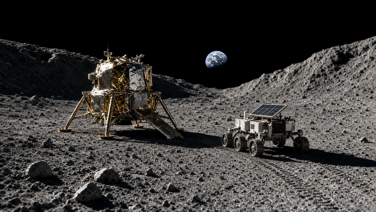 Four-legged lunar lander wrapped in gold and silver foil with a ramp down to the grey surface, and a small six-wheeled rover with a solar panel leaving tracks in the lunar soil between rocky ridges, with Earth in the black sky