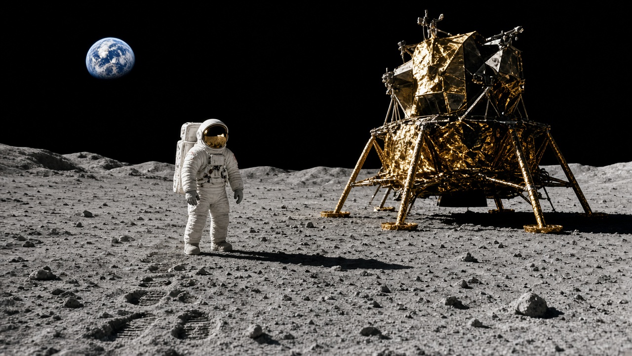 Astronaut in a white spacesuit with a gold visor standing on the grey, dusty lunar surface near bootprints, beside a gold-foil lunar landing module on four spindly legs, with the blue Earth in the black sky