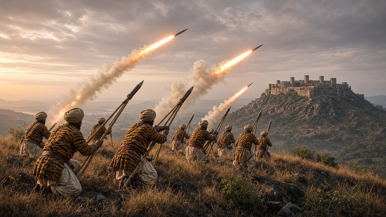 Soldiers in turbans and tiger-striped tunics kneeling on a grassy hillside launching rockets fixed to long bamboo poles, with trails of fire and smoke arcing across an evening sky towards a stone fort on a distant hilltop