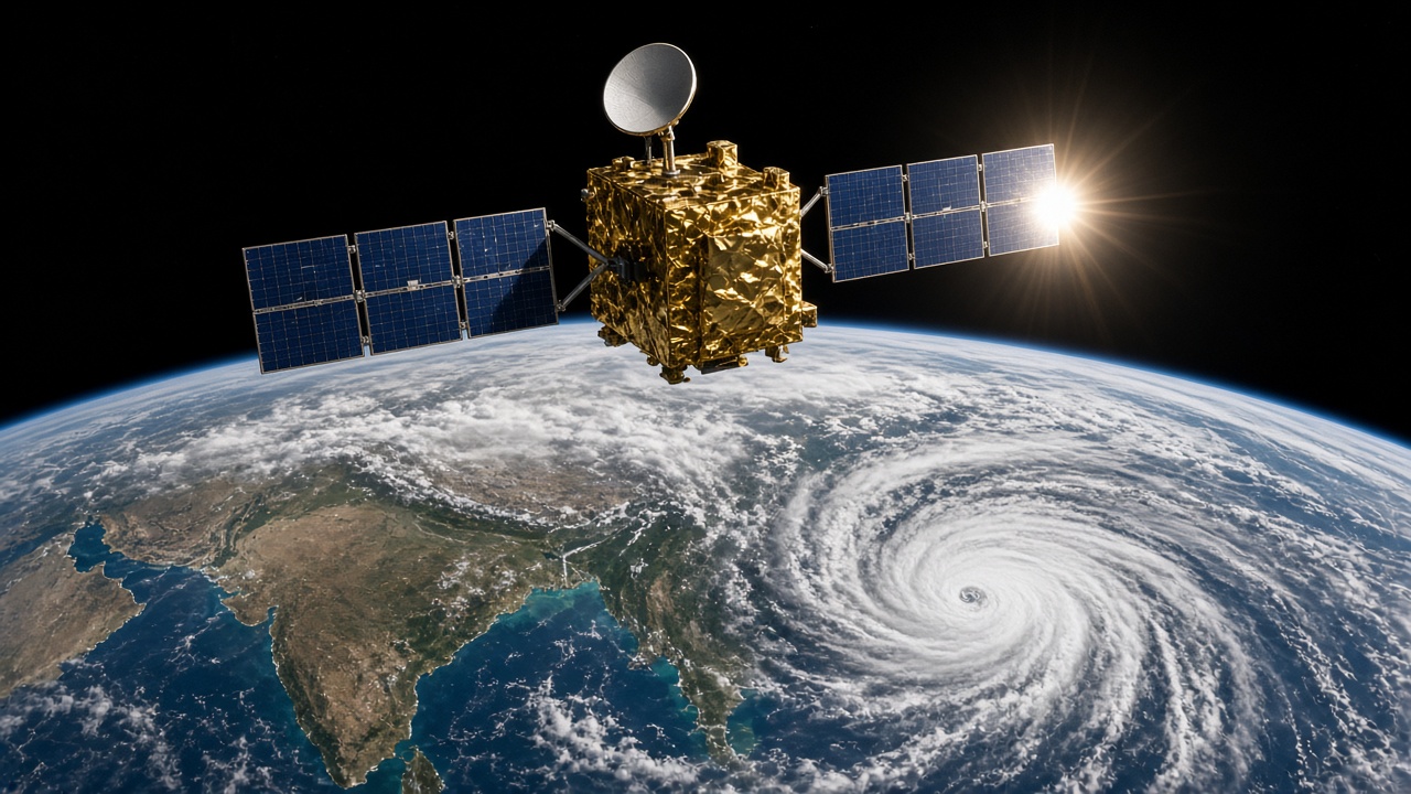 Gold-foil box-shaped satellite with blue solar panel wings and a dish antenna orbiting above the Indian subcontinent, with a large cyclone spiral swirling over the Bay of Bengal and the Sun flaring off the panels