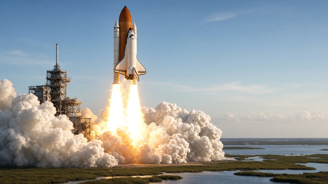 Winged white space shuttle orbiter mounted on a large orange fuel tank between two white rocket boosters rising from a launch pad on columns of bright flame, with vast clouds of white exhaust, a launch tower, and wetlands under a blue sky