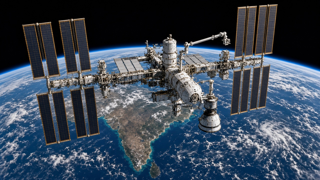 Large modular space station with long dark solar panel arrays, white cylindrical modules, a robotic arm, and a docked capsule, orbiting above the blue Earth with the Indian peninsula, Sri Lanka, and swirling white clouds visible below