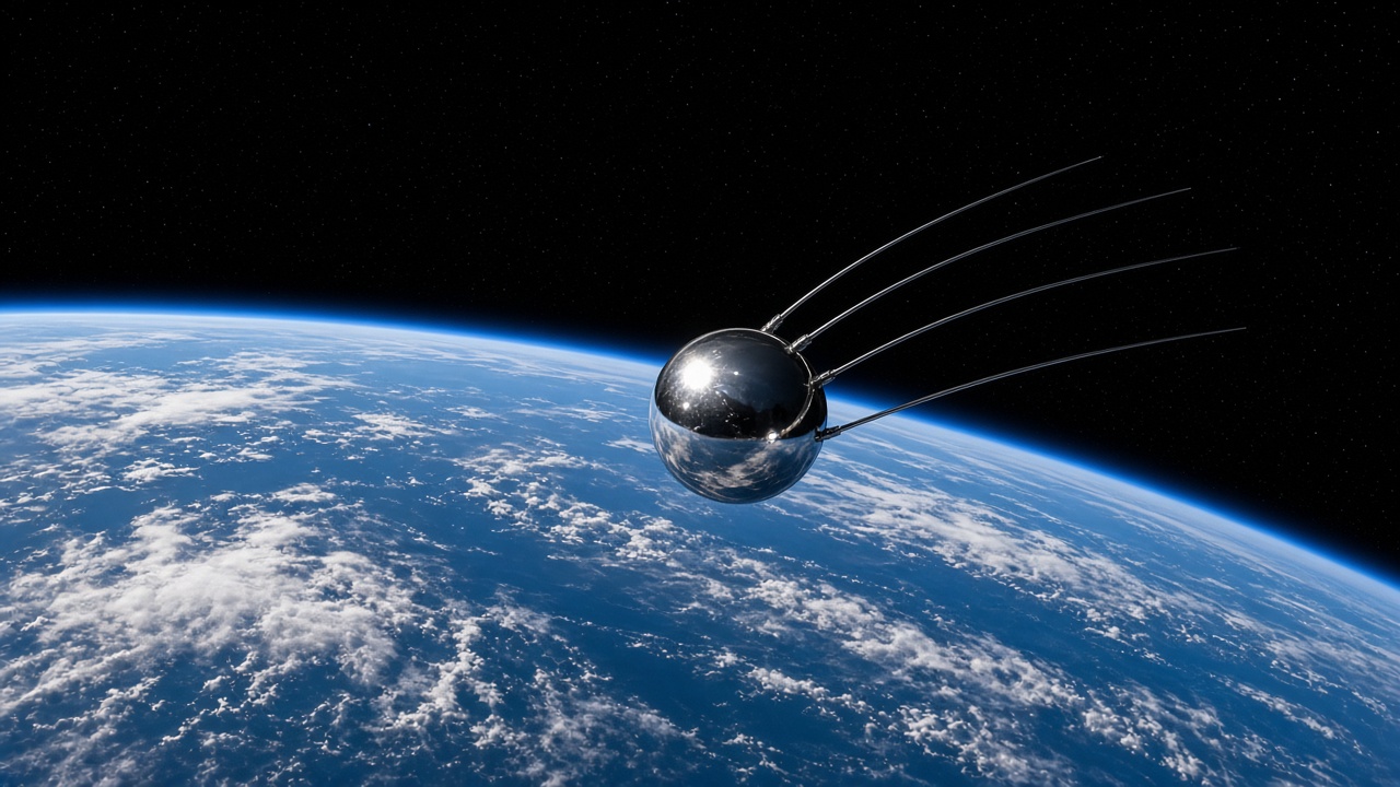 Small shiny metal sphere with four long, thin antennas sweeping back from it, orbiting above the curved blue Earth with white clouds, the thin blue line of the atmosphere, and the black sky of space