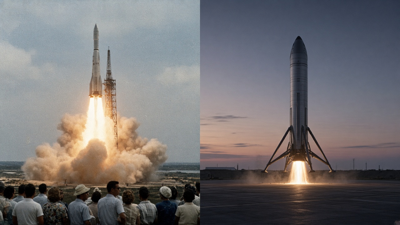 Split image with a white rocket lifting off beside a launch tower in billowing smoke while spectators in 1960s clothes watch on the left, and a modern silver reusable rocket booster landing upright on its legs on a concrete pad at dusk with its engine glowing on the right