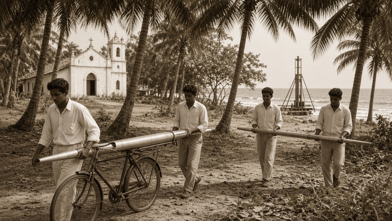 Sepia scene of young Indian scientists in white shirts carrying sections of a slender rocket through a coconut grove, one wheeling a bicycle with a rocket part tied across it, with a small white church behind and a simple launch tower by the sea