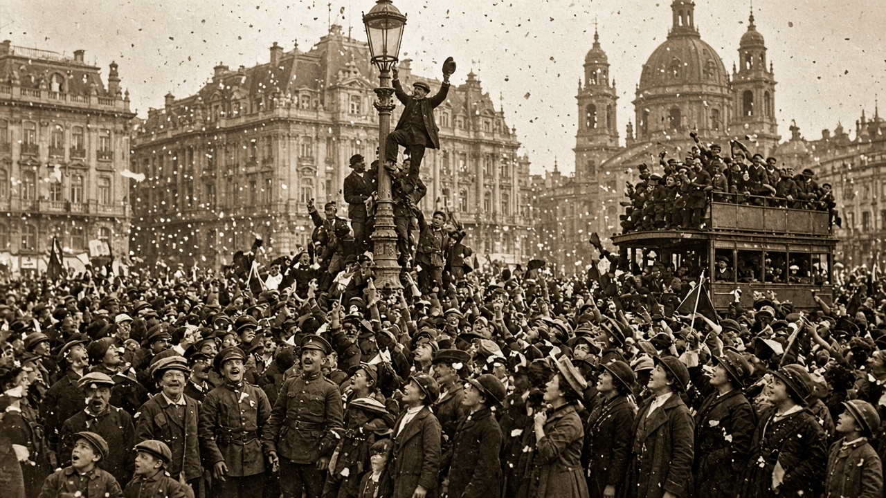 Sepia scene of a huge joyful crowd in a European city square in November 1918, with people in caps, bowler hats, and long coats cheering and waving hats and flags, a man standing on a lamppost, people crowded on a double-decker tram, confetti in the air, and grand domed buildings behind