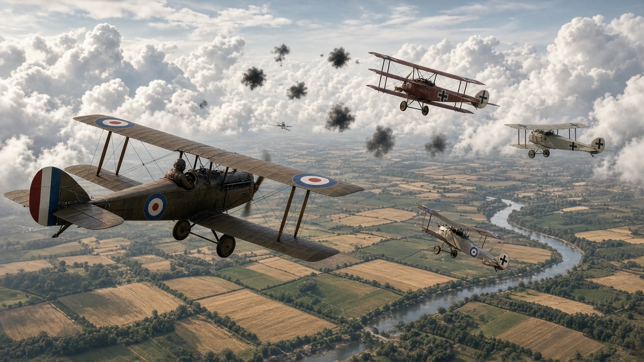 Reconstructed aerial battle between First World War biplanes with roundel markings and cross markings flying above a patchwork of farm fields and a winding river, pilots in leather helmets visible in open cockpits, dark puffs of anti-aircraft fire, and towering white clouds