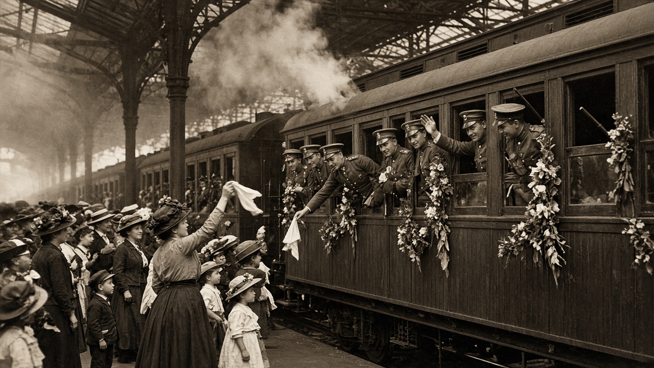 Sepia scene of a crowded European railway station in 1914 with soldiers in peaked caps leaning from the windows of a flower-decorated train, waving to families on the platform, women in long skirts and wide hats waving handkerchiefs, children, and steam rising under an iron roof