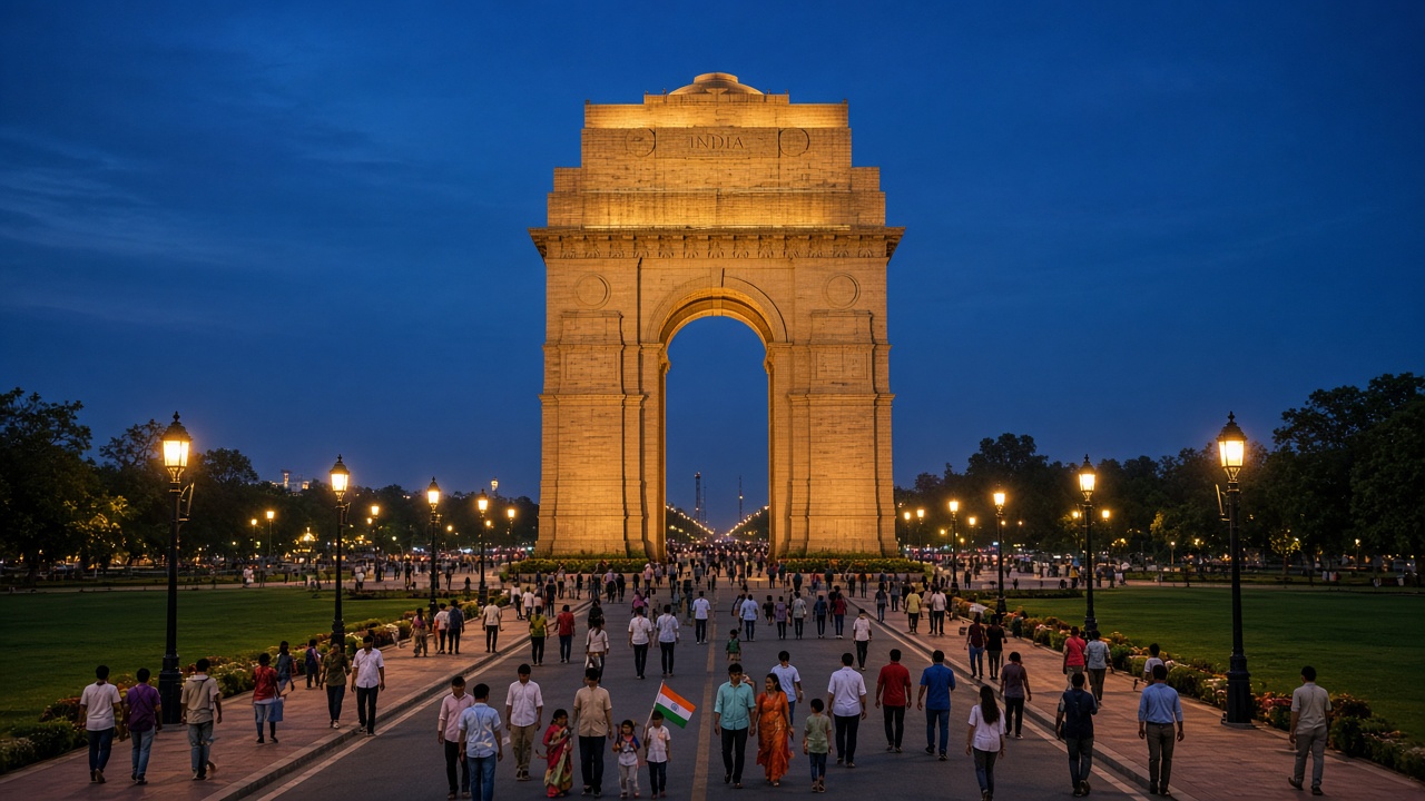 India Gate war memorial in New Delhi lit warmly at dusk against a deep blue sky, with families and visitors walking along the wide avenue and lawns, street lamps glowing, and a child holding a small Indian flag