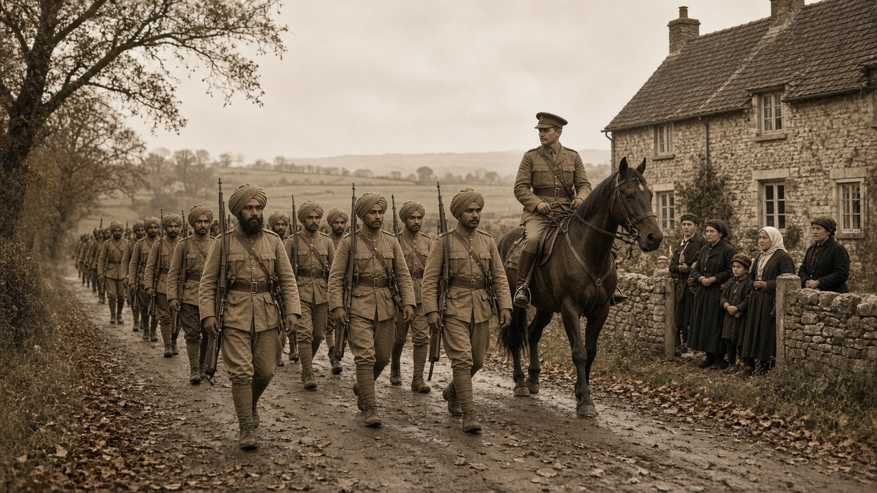 Sepia scene of Indian Army soldiers in khaki uniforms and turbans with rifles marching along a muddy French country road lined with autumn trees, led by a British officer on horseback, while French villagers watch from beside a stone farmhouse