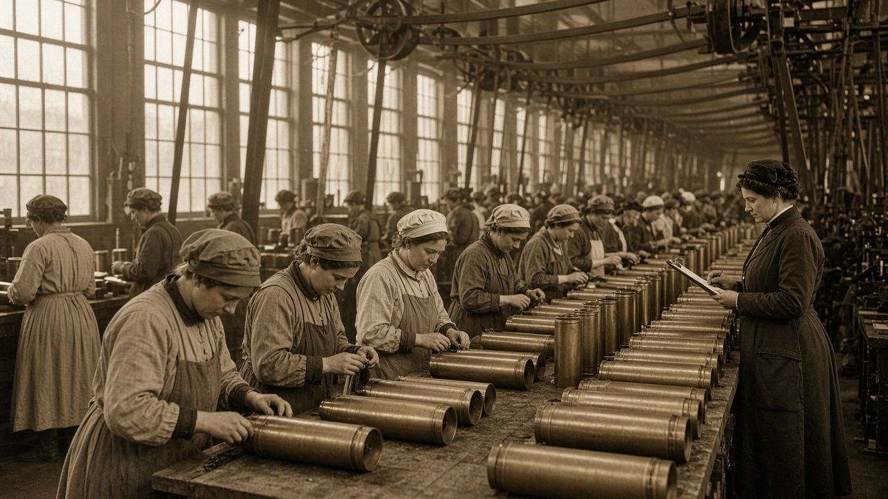 Sepia scene inside a First World War munitions factory with rows of women in caps, overalls, and aprons filling and checking brass shell cases on long wooden benches under belt-driven machinery, while a forewoman with a clipboard watches in light from tall windows