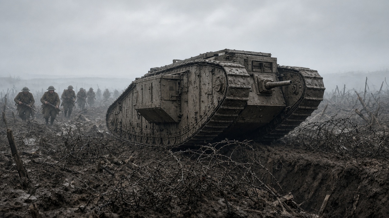 Reconstructed First World War tank with caterpillar tracks running around its rhomboid hull crawling over a trench and barbed wire on a muddy battlefield, with infantry in flat steel helmets following behind through grey mist