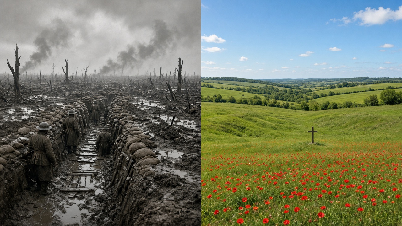 Split image with a muddy Western Front trench in 1916 on the left, with sandbags, duckboards, shattered tree stumps, water-filled shell craters, and soldiers in steel helmets under a smoky grey sky, and the same landscape today on the right as peaceful green farmland with red poppies, faint grassy hollows, and a small memorial cross under a blue sky