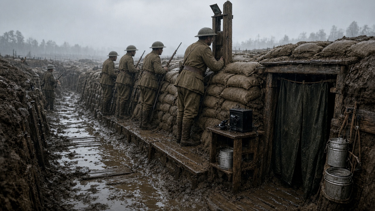 Reconstructed First World War trench in drizzle with soldiers in khaki and flat steel helmets standing on a fire step with rifles, one looking through a periscope, sandbag walls, wooden duckboards over muddy water, a dugout with a cloth curtain, a field telephone, and metal mess tins