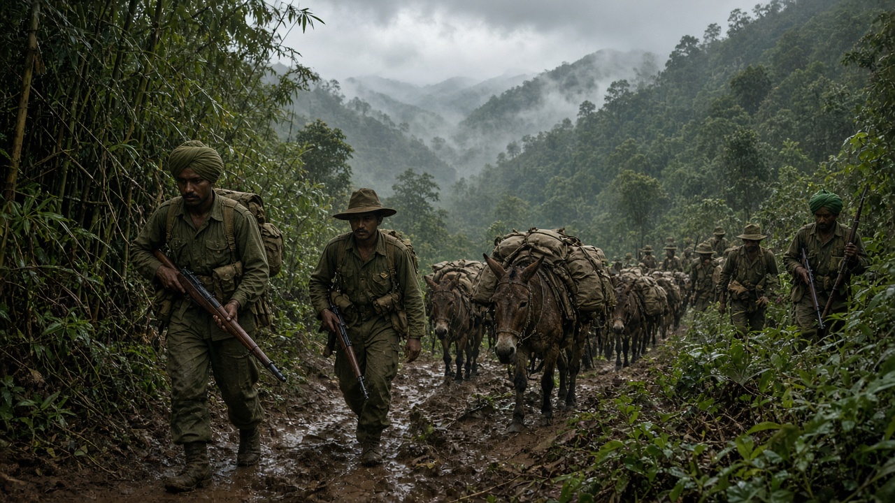 Indian Army soldiers in jungle-green uniforms, some in turbans and some in slouch hats, carrying rifles along a muddy track through bamboo forest beside a line of mules laden with supplies, with misty green mountains and monsoon clouds behind