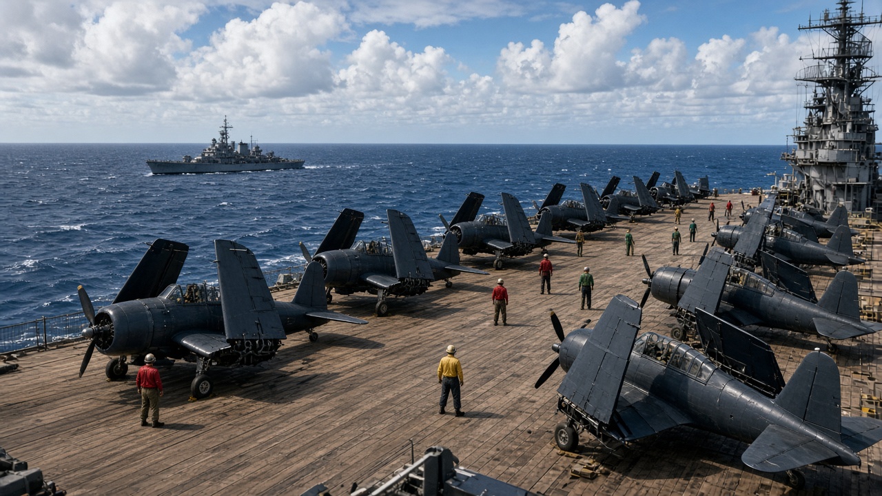 Wooden flight deck of a 1940s aircraft carrier crowded with dark blue propeller-driven navy aircraft with folded wings, deck crew in coloured jerseys, the ship’s island superstructure on the right, and an escort warship on a deep blue ocean under white tropical clouds
