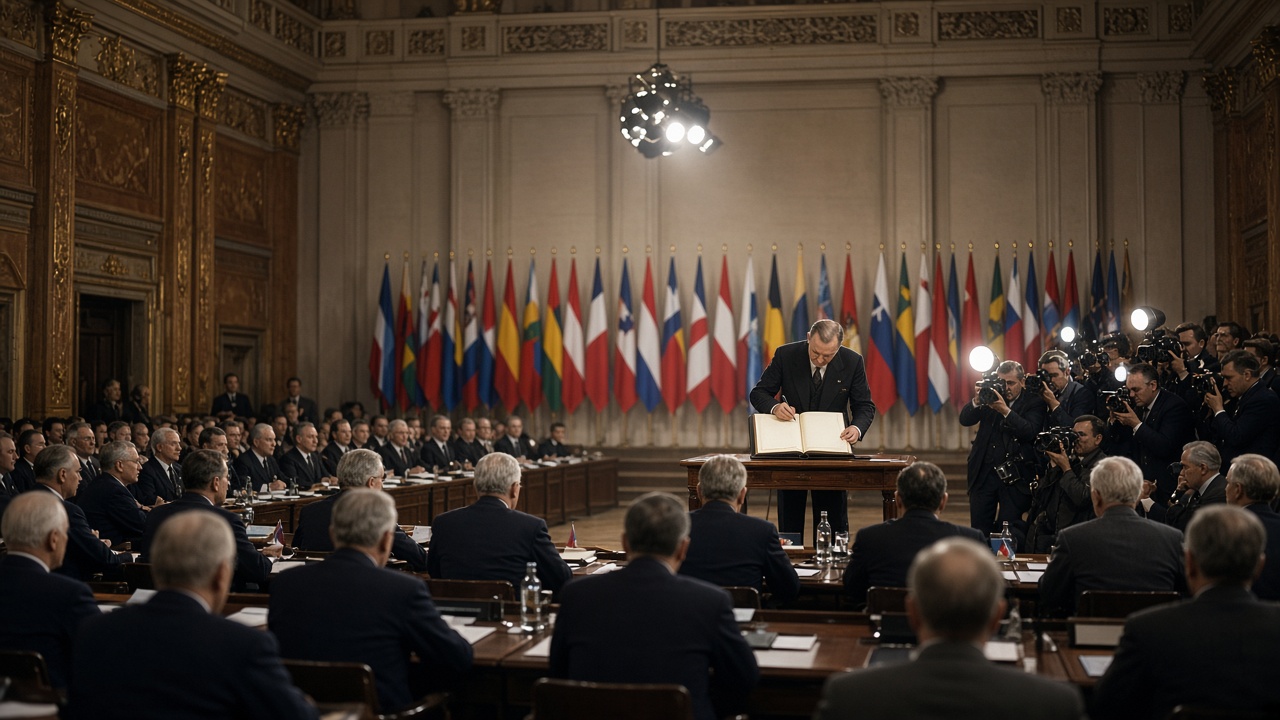 Delegate in a dark suit signing a large bound document at a table on a stage in an ornate assembly hall, with a row of flags of many nations behind him, rows of seated delegates, and press photographers with flash cameras