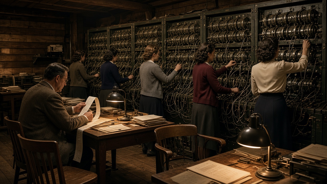 Wooden hut with women in 1940s cardigans and skirts operating a long wall of electromechanical machines covered in rotating drums and patch cables, while a man in a tweed jacket studies paper strips at a desk lit by a lamp
