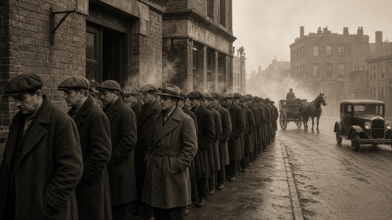 Sepia scene of a long queue of unemployed men in flat caps, fedoras, and worn overcoats waiting along a brick wall on a cold city street in the early 1930s, with a horse-drawn cart and an old car in the misty background