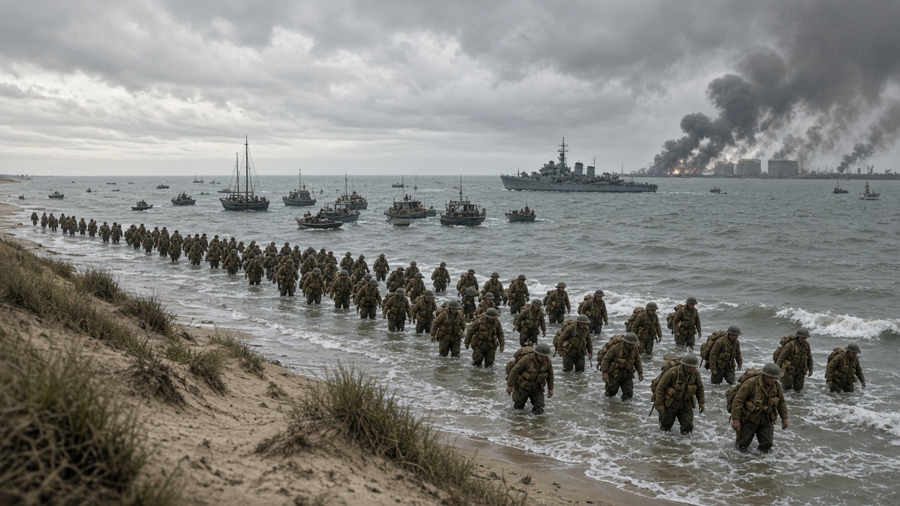 Long lines of soldiers in steel helmets wading out from a sandy beach with grassy dunes towards small fishing boats, sailing craft, and a grey warship offshore, while thick black smoke rises from burning oil tanks on the horizon under a stormy sky