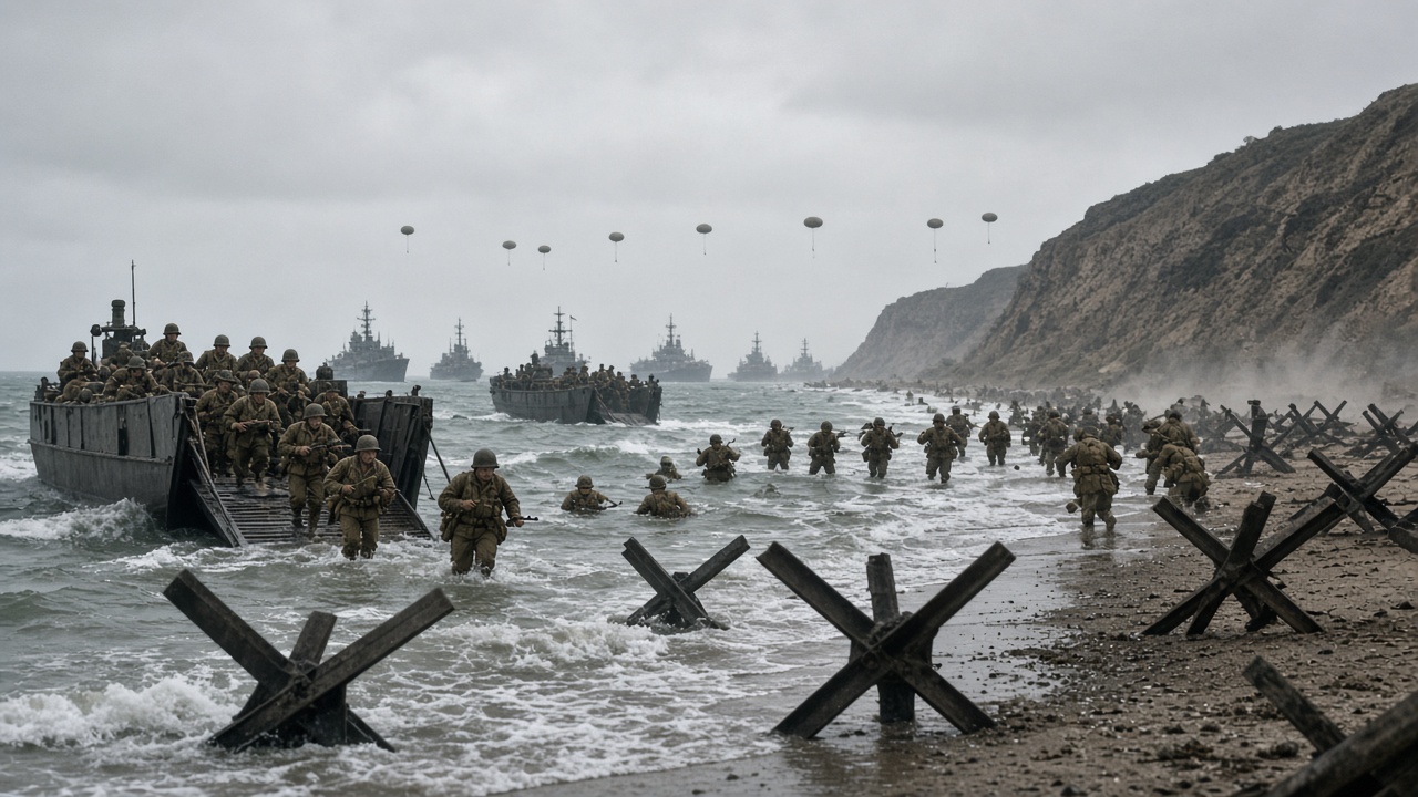 Reconstructed landing on a beach with soldiers in helmets wading ashore from landing craft with lowered ramps, steel beach obstacles in the surf, warships on the horizon, barrage balloons in a grey sky, and steep cliffs to the right