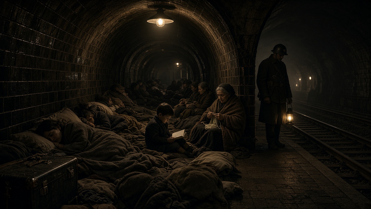 Families sheltering for the night on the platform of a curved, tiled underground railway tunnel, sleeping under blankets beside suitcases, a boy reading a book, an elderly woman knitting, and an air-raid warden in a steel helmet holding a lantern by the tracks