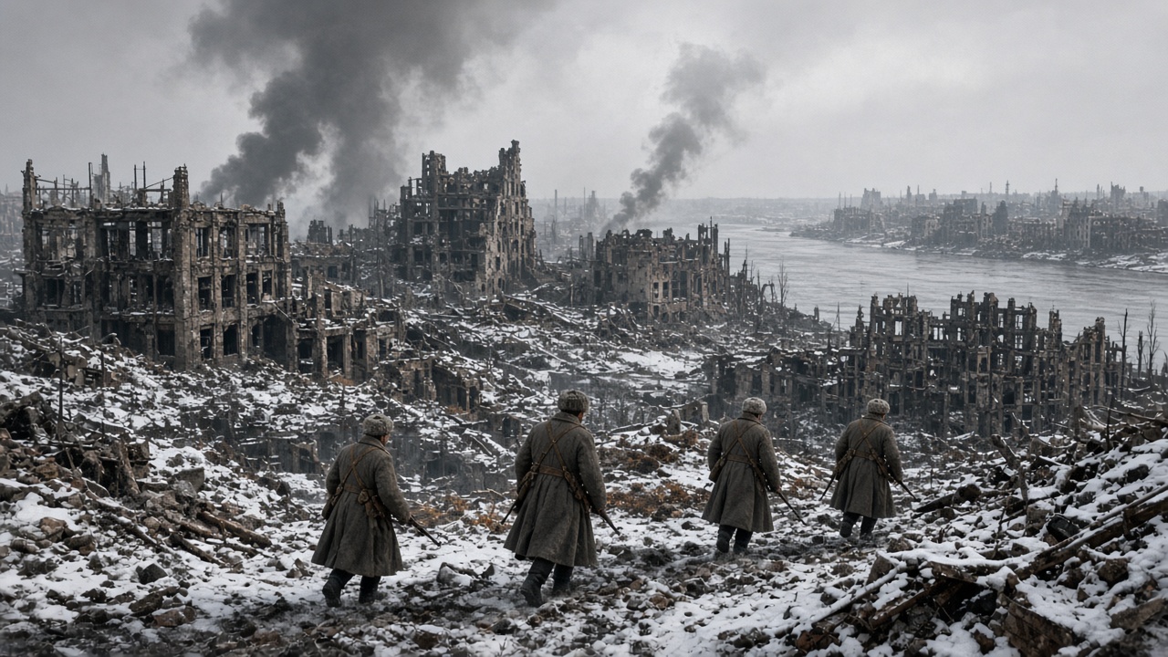 Ruined industrial city in winter beside a wide river, with shattered factory and apartment buildings, snow-covered rubble, plumes of black smoke, and four soldiers in long greatcoats and fur hats carrying rifles as they pick their way through the ruins
