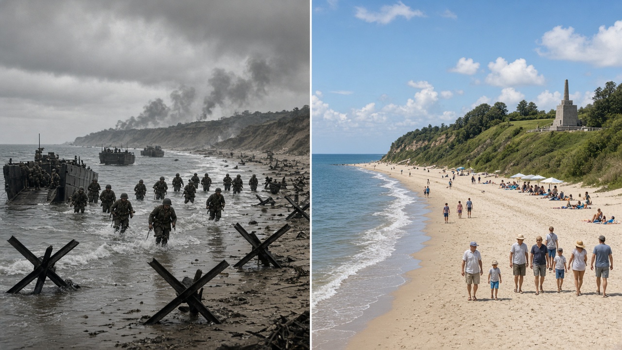Split image with Allied soldiers wading ashore from landing craft past steel beach obstacles under smoke and a grey sky in June 1944 on the left, and the same wide sandy beach today on the right with families walking, beach umbrellas, green bluffs, and a stone memorial under a blue sky